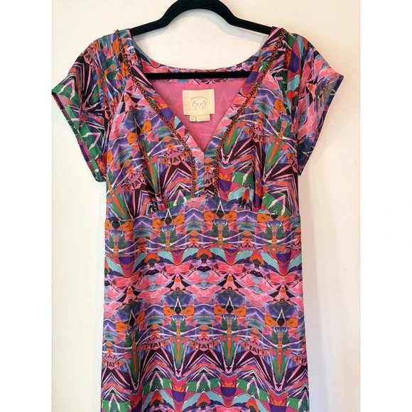 Vanessa Virginia Anthropologie Dress 12 Vibrant Print Boho Maxi Tie Back V Neck - Picture 2 of 7